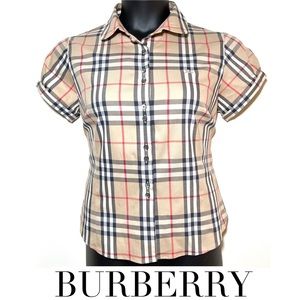 New! Burberry London nova check top button up with collar & puff sleeves